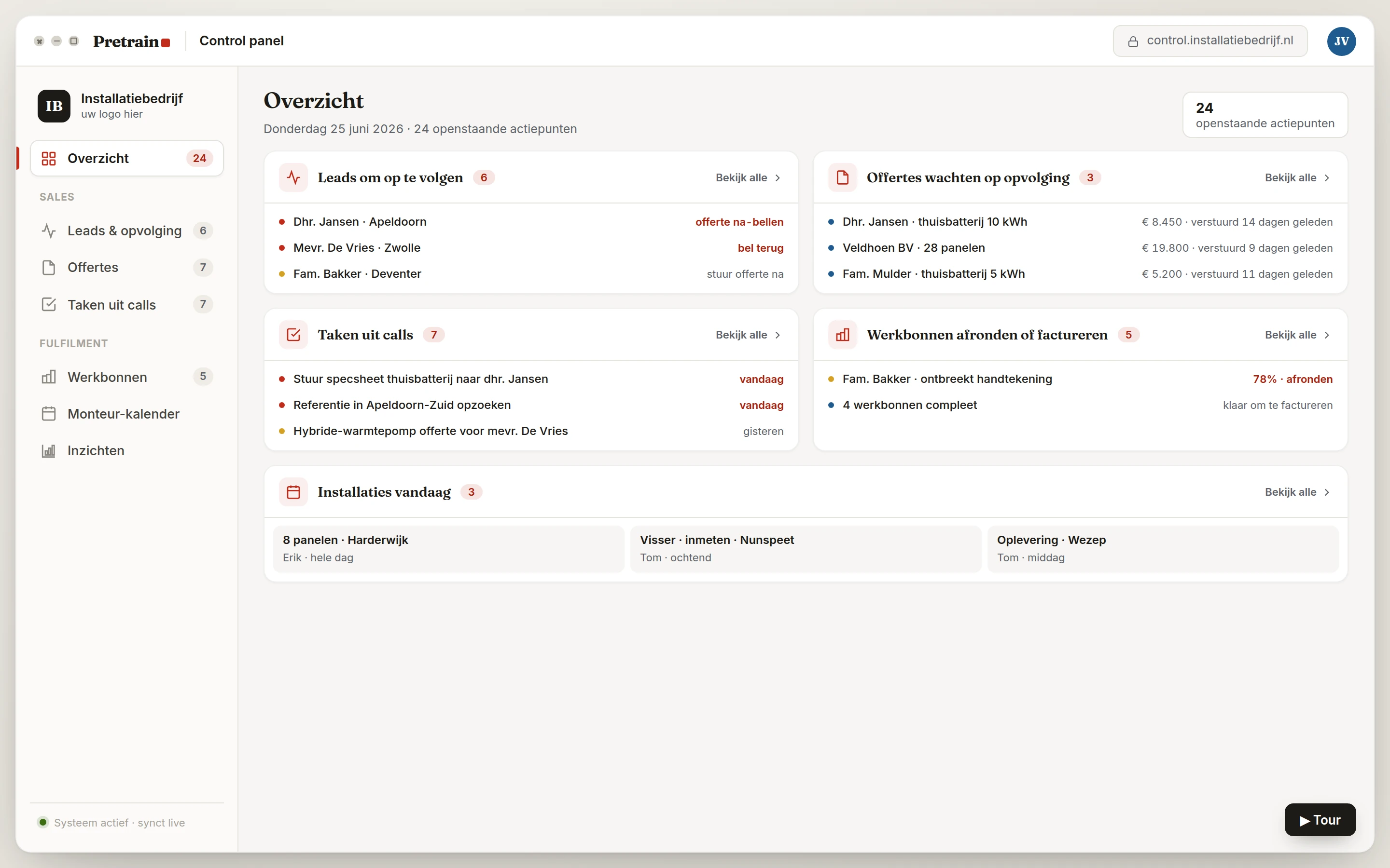 Screenshot van het control panel voor installatiebedrijven