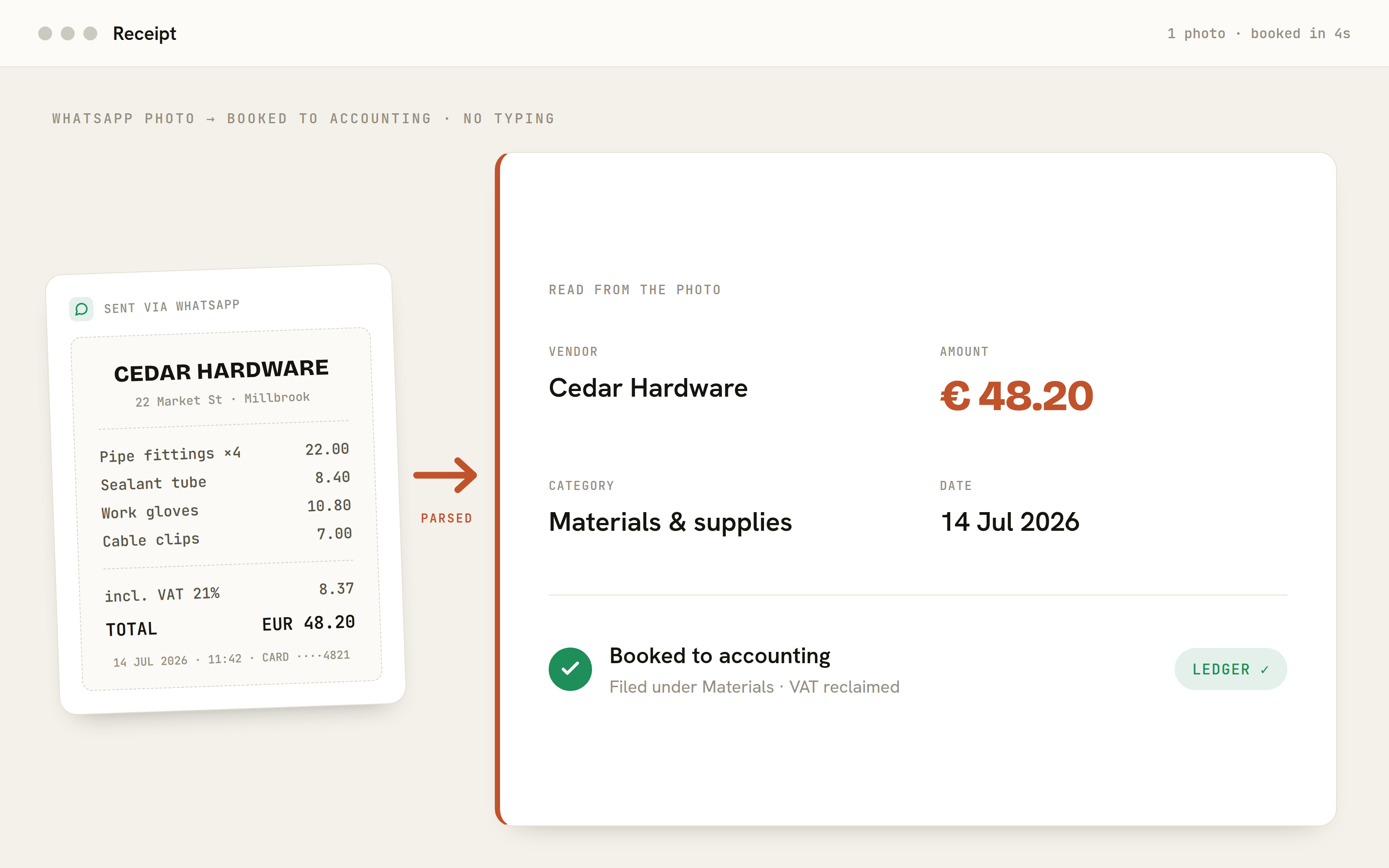 ChaletConnect — Receipts booked by a WhatsApp photo