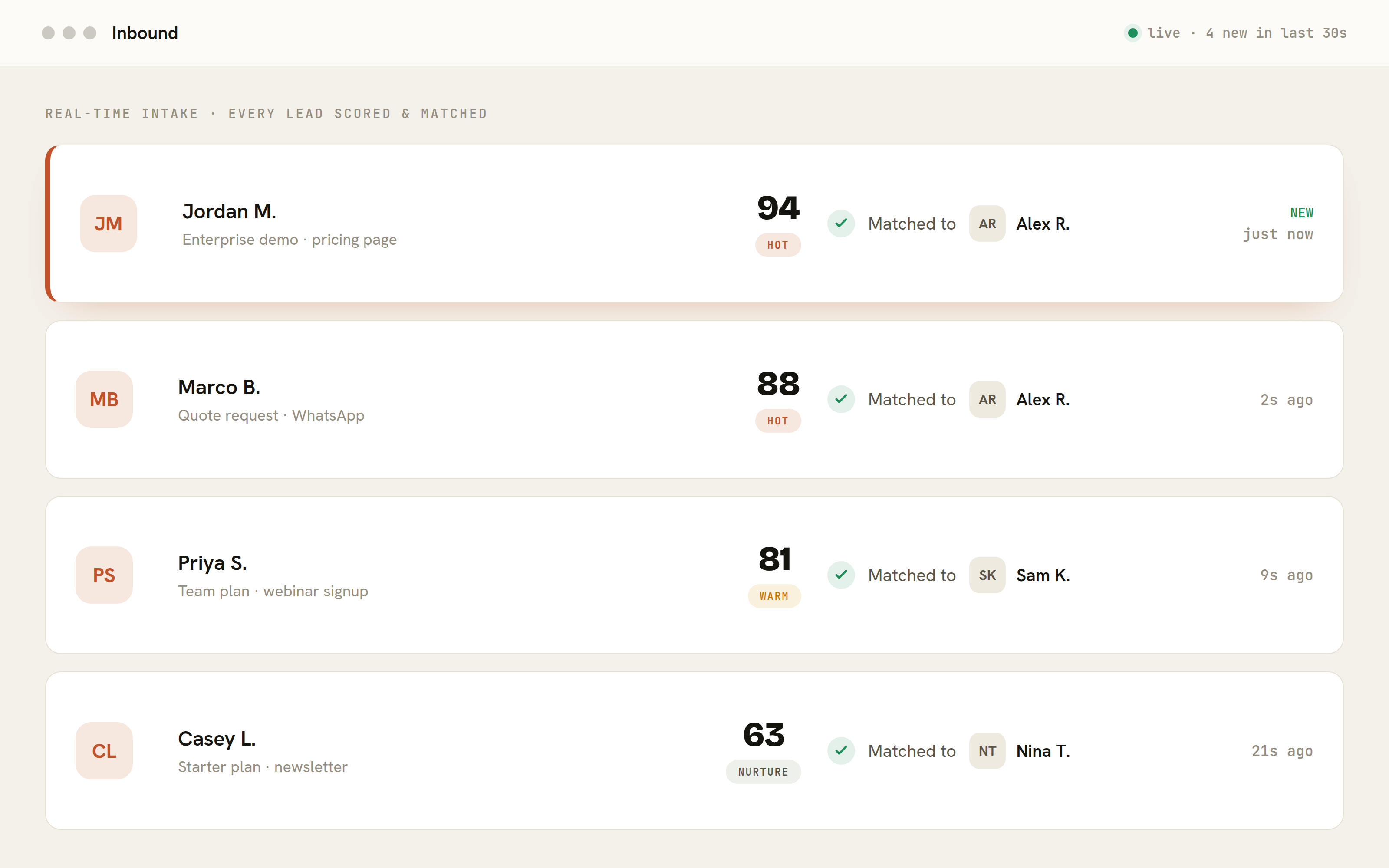 Coaches.com — Every inbound lead scored and matched in real time